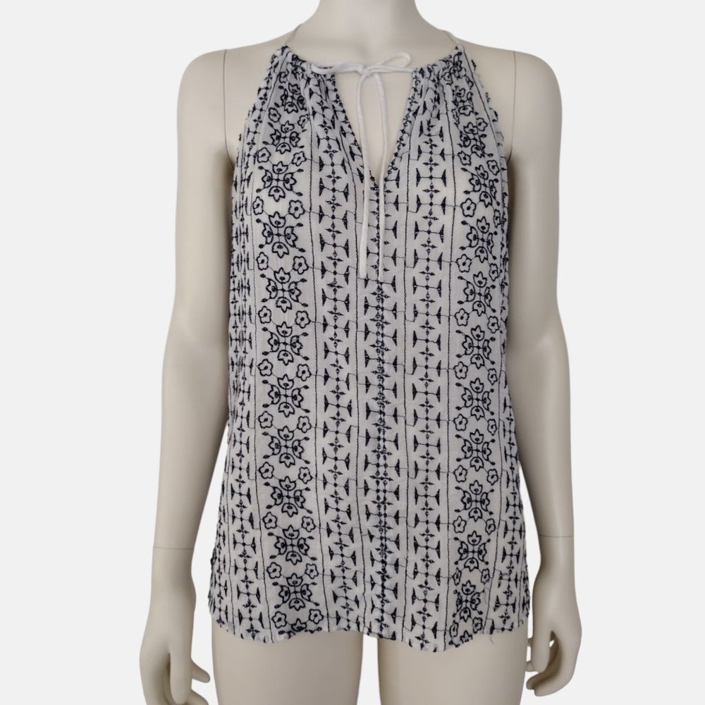 Ann Taylor LOFT White Blue Embroidered Sleeveless Racerback Top